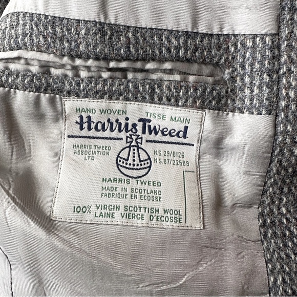 VINTAGE HARRIS TWEED WOOL BLAZER HOUNDSTOOTH GRAY BLUE HAND WOVEN LUXURY S M - Picture 6 of 10